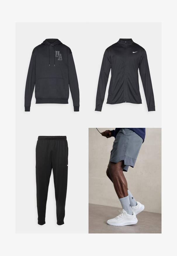 Black athletic jacket with long sleeves, collar, and full zipper. Features a subtle Nike logo in white on the upper left chest. Smooth texture.; Black hooded sweatshirt with a front pocket, featuring a textured "UA" logo on the chest and drawstrings at the neck. Soft fabric.; Black athletic pants made of smooth fabric, featuring an elastic waistband, tapered legs, and a small white logo on the left side.; White athletic shoes with textured mesh upper, paired with light blue ribbed socks featuring a logo. Grey athletic shorts with perforated trim.