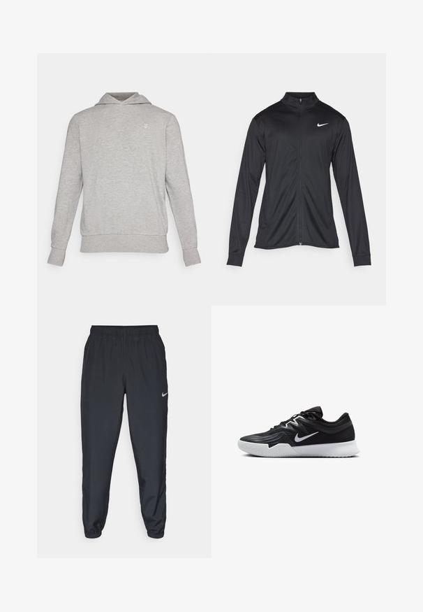 Melna sporta jaka ar garām piedurknēm, apkakli un pilnu rāvējslēdzēju. Uz kreisā krūts augšdaļas ir maigs Nike logo baltā krāsā. Gluda tekstūra.; Pelēka kapuce ar brīvu piegriezumu, izgatavota no mīkstas auduma. Tam ir kengura kabata, ribota aproce un neliels_logo virs kabatas.; Melnas sporta bikses, izgatavotas no viegla auduma, ar elastīgu jostasvietu, potīšu malām un diskretu Nike logo kreisajā pusē.; Melni sporta apavi ar teksturētu virsu, balto Nike zulumu un balto gumijas zoli. Iezīmējas ar auklu pievilkšanas dizainu un dinamisku formu.