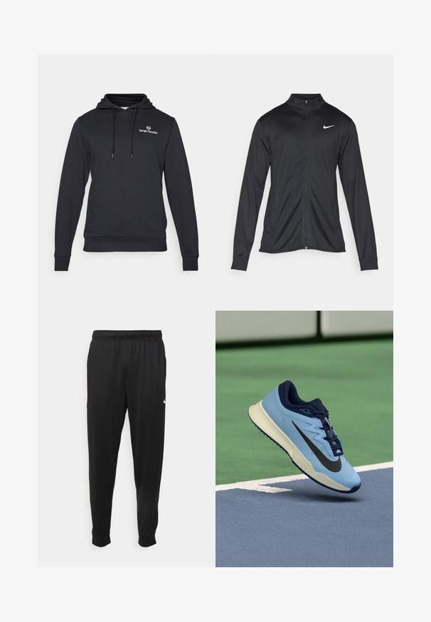 Giacca sportiva nera con maniche lunghe, colletto e zip completa. Presenta un logo Nike in bianco sulla parte superiore del lato sinistro del petto. Tessuto morbido.; Felpa nera con cappuccio realizzata in misto cotone, caratterizzata da un cappuccio con cordino, tasca frontale a marsupio, polsini a coste e un logo sul petto.; Pantaloni sportivi neri realizzati in tessuto liscio, con una vita elastica, gambe affusolate e un piccolo logo bianco sul lato sinistro.; Scarpa sportiva azzurra con accenti blu navy, tomaia in mesh testurizzato e logo Swoosh nero. Presenta una suola intermedia ammortizzata e una suola in gomma.