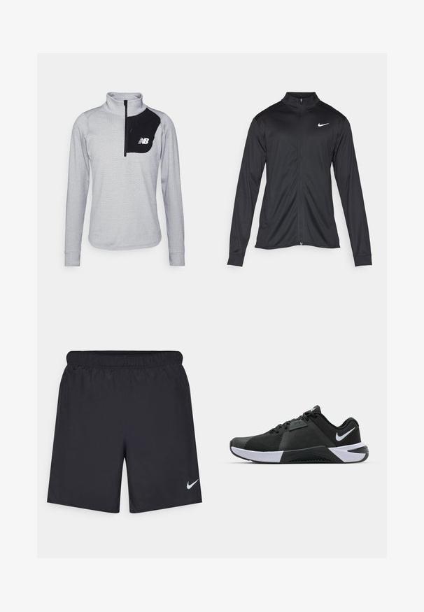 Juodas sportinis švarkas su ilgomis rankovėmis, apykakle ir pilnu užtrauktuku. Yra subtilus baltas Nike logotipas kairėje krūtinės pusėje. Lygus tekstūra.; Šviesiai pilkas megztinis su ketvirčio užtrauktuku, turintis tekstūruotą raštą, juodą užtrauktuku kišenę ant krūtinės ir baltą New Balance logotipą.; Juodos sportinės šortai, pagaminti iš lengvos medžiagos, su elastingu juosmeniu. Ant apatinės kairės pusės yra mažas baltas Nike logotipas.; Nike Performance METCON 10 - Avalynė treniruotėms - black/white/anthracite