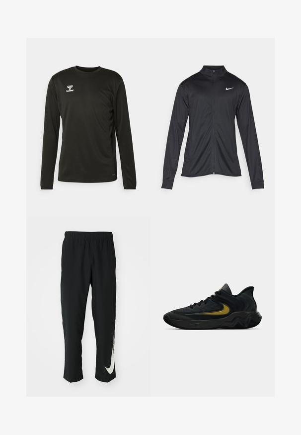 Czarna sportowa kurtka z długimi rękawami, kołnierzem i pełnym zamkiem. Posiada subtelne logo Nike w białym kolorze na lewej górnej części klatki piersiowej. Gładka tekstura.; Czarna, długorękawowa koszulka sportowa z materiału odprowadzającego wilgoć, z okrągłym dekoltem i białym logo w górnej lewej części klatki piersiowej.; Czarne spodnie sportowe z elastycznym paskiem, zwężający się fason, z dużym białym logo Nike na lewej nogawce. Miękka, lekka tkanina.; Czarne i ciemnoszare buty sportowe z czarnymi sznurowadłami i złotym logo w kształcie paska, z falistym wzorem podeszwy i wyściełanym kołnierzem pięty.