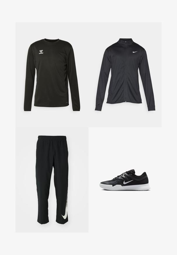 Zwarte sportjack met lange mouwen, kraag en volle rits. Voorzien van een subtiele Nike-logo in het wit op de bovenste linkerborst. Soepele textuur.; Langmouw zwart sportshirt van vochtafvoerende stof, met een ronde hals en een wit logo op de bovenste linkerborst.; Zwarte sportbroeken met elastische tailleband, taps toelopend ontwerp, met een groot wit Nike-logo op het linkerbeen. Zachte, lichte stof.; Zwarte sportieve schoen met een gestructureerde bovenkant, witte Nike swoosh en een witte rubberen zool. Beschikt over een veterontwerp en een dynamische vorm.