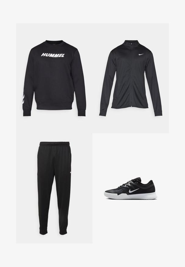 Schwarze Sportjacke mit langen Ärmeln, Kragen und voller Reißverschluss. Verfügt über ein dezentes Nike-Logo in Weiß auf der oberen linken Brust. Glatte Textur.; Schwarzer Sweatshirt aus Baumwollmischung. Mit weißem "HUMMEL"-Logo auf der Vorderseite und zusätzlicher Markenkennzeichnung auf dem linken Ärmel. Rippbündchen an den Ärmeln und am unteren Saum.; Schwarze Sporthosen aus glattem Stoff, mit einem elastischen Bund, schmal zulaufenden Beinen und einem kleinen weißen Logo auf der linken Seite.; Schwarzer Sportschuh mit strukturiertem Obermaterial, weißem Nike-Warenzeichen und einer weißen Gummisohle. Verfügt über ein Schnürdesign und eine dynamische Form.