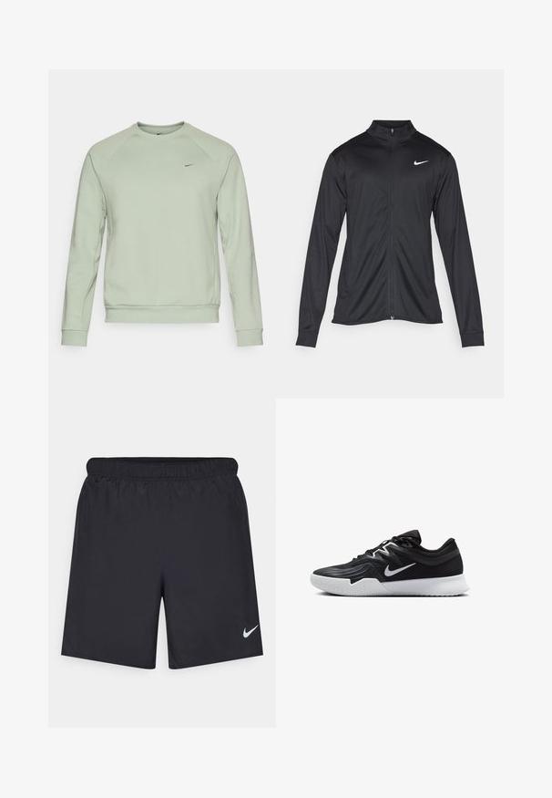 Černá sportovní bunda s dlouhými rukávy, límcem a plným zipem. Má decentní bílou logo značky Nike na horní levé části hrudi. Hladká textura.; Světle zelená mikina s kulatým výstřihem, raglánovými rukávy a žebrovanými manžetami. Na hrudi je malé černé logo Nike. Měkká textilie.; Černé sportovní šortky vyrobené z lehkého materiálu s elastickým pasem. Na spodní levé straně mají malé bílé logo Nike.; Černá atletická bota s texturovaným svrškem, bílým logem Nike a bílou gumovou podrážkou. Disponuje šněrovacím designem a dynamickým tvarem.