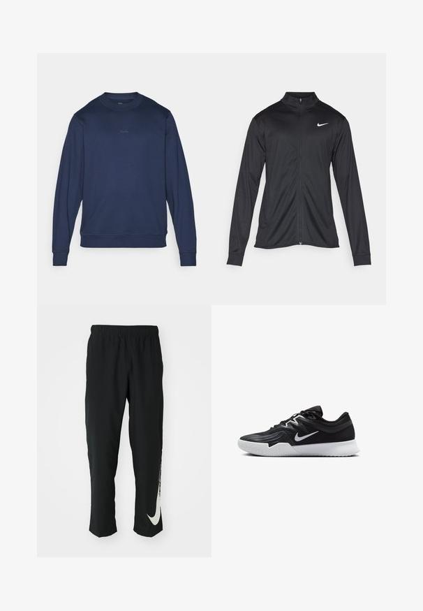Giacca sportiva nera con maniche lunghe, colletto e zip completa. Presenta un logo Nike in bianco sulla parte superiore del lato sinistro del petto. Tessuto morbido.; Felpa blu navy in misto cotone, con collo a giro, maniche lunghe e logo discreto sul petto, con polsini e orlo a costine.; Pantaloni sportivi neri con cintura elasticizzata, design affusolato, caratterizzati da un grande logo Nike bianco sulla gamba sinistra. Tessuto morbido e leggero.; Scarpa sportiva nera con tomaia testurizzata, logo Nike swoosh bianco e suola in gomma bianca. Presenta un design con lacci e una forma dinamica.