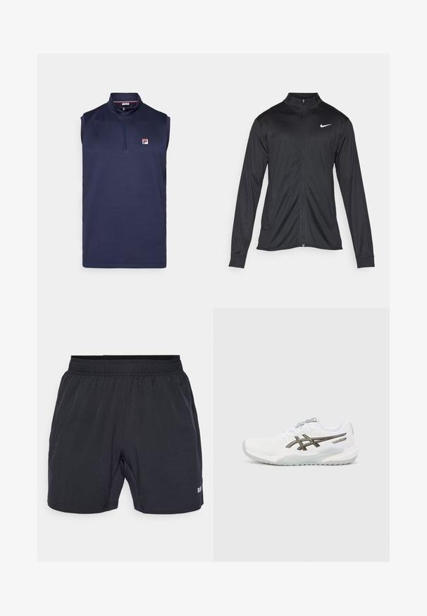Μαύρο αθλητικό μπουφάν με μακριά μανίκια, γιακά και πλήρη φερμουάρ. Διαθέτει ένα διακριτικό λευκό λογότυπο της Nike στη πάνω αριστερή πλευρά του στήθους. Λείος υφασμάτινος χαρακτήρας.; Ναυτικό αμάνικο πόλο με κολάρο που κλείνει με φερμουάρ, κατασκευασμένο από υφασμάτινο υλικό και διαθέτει ένα μικρό κόκκινο και λευκό λογότυπο στο αριστερό στήθος.; Μαύρα σορτς με ελαστική μέση, κατασκευασμένα από μαλακό, ελαφρύ ύφασμα, που διαθέτουν ένα μικρό λογότυπο στο κάτω δεξί μέρος.; Λευκό αθλητικό παπούτσι με διάτρητο πλέγμα, γκρι λεπτομέρειες, λογότυπο στο πλάι και σχεδίαση με επενδεδυμένη σόλα. Διαθέτει κλείσιμο με κορδόνια.