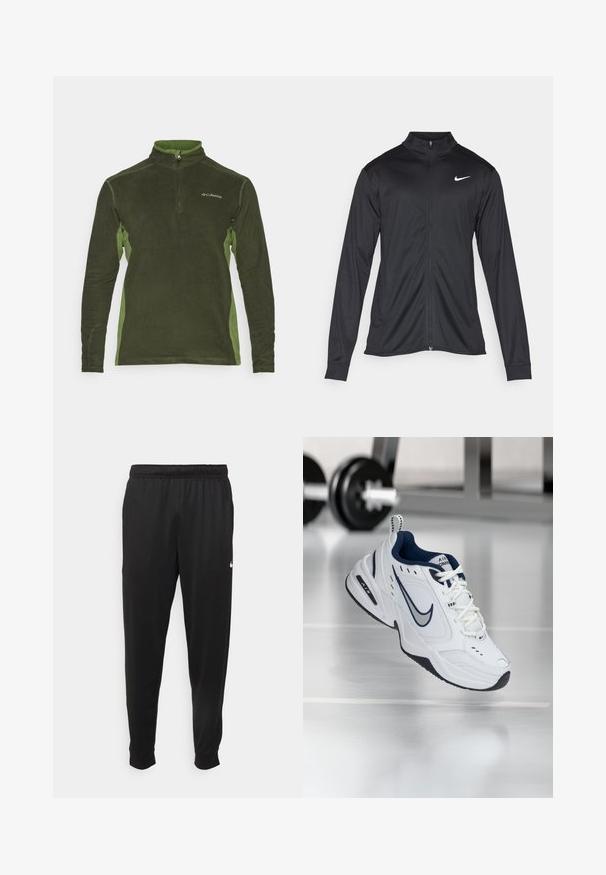 Black athletic jacket with long sleeves, collar, and full zipper. Features a subtle Nike logo in white on the upper left chest. Smooth texture.; Green fleece pullover with a zip collar, featuring darker green side panels and logo on the chest. Soft texture and long sleeves.; Black athletic pants made of smooth fabric, featuring an elastic waistband, tapered legs, and a small white logo on the left side.; White athletic shoe with a navy blue accent, mesh and leather upper, reinforced toe, and black rubber sole. Features distinctive Nike branding.