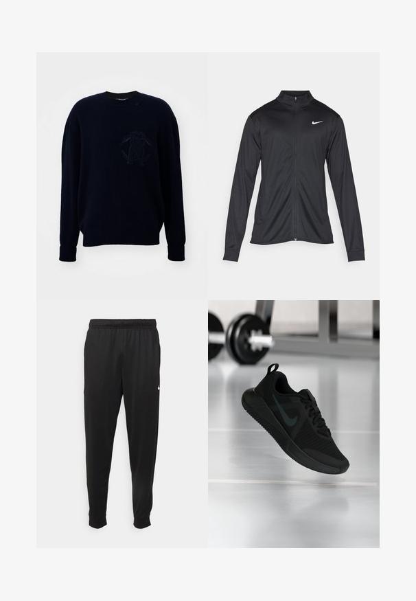 Jachetă sportivă neagră cu mâneci lungi, guler și fermoar complet. Prezintă un logo Nike subtil, alb, pe pieptul din stânga sus. Textură netedă.; Roberto Cavalli Pulover - nero; Pantaloni sportivi negri dintr-o țesătură netedă, cu un elastic la brâu, picioare conice și un mic logo alb pe partea stângă.; Pantof sportiv negru cu partea superioară din plasă texturată, talpă de cauciuc și un logo Swoosh întunecat proeminent. Dispune de un guler căptușit și un design cu șireturi.