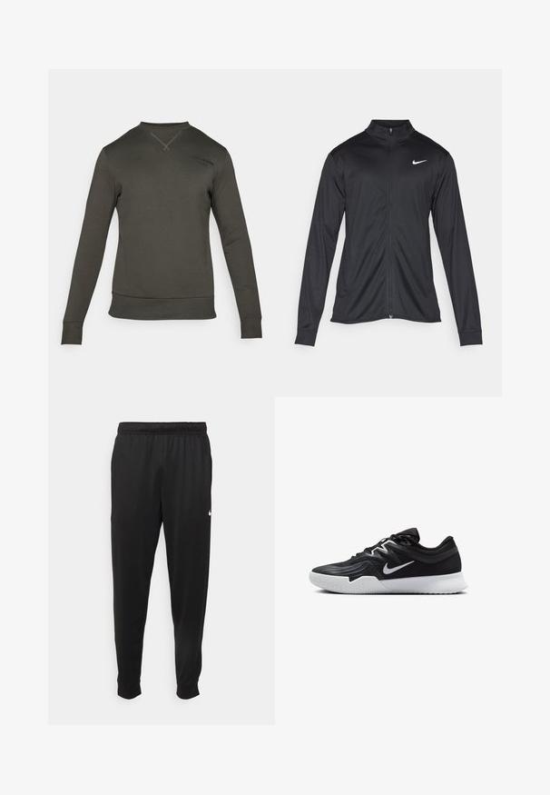 Musta urheilutakki pitkillä hihoilla, kauluksella ja kokonaisella vetoketjulla. Täydentää hienovarainen Nike-logo valkoisena vasemmassa ylärinnassa. Litteä pinta.; Tummanvihreä huppari pitkillä hihoilla, ribbaatuine hihansuihin ja helmaan. Sisältää pyöreän kaula-aukon ja hienovaraisen logo-yksityiskohdan olkapään lähellä.; Mustat urheiluhousut, jotka on valmistettu sileästä kankaasta. Niissä on joustava vyötärö, kapenevat lahkeet ja pieni valkoinen logo vasemmalla puolella.; Musta urheilukenkä, jossa on teksturoitu päällinen, valkoinen Nike-tikkaus ja valkoinen kumipohja. Kenkässä on nauhakuji ja dynaaminen muoto.