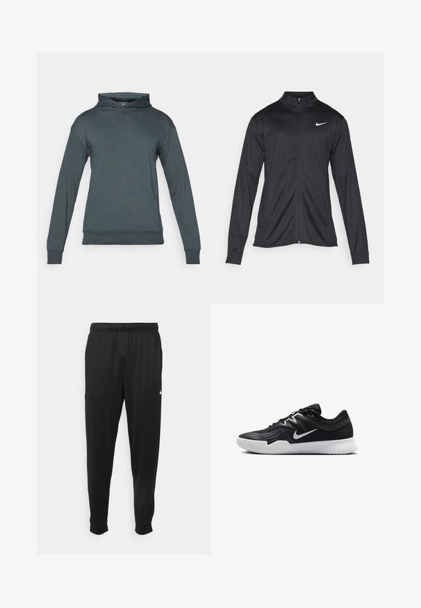 Veste de sport noire à manches longues, avec col et fermeture éclair intégrale. Présente un logo Nike subtil en blanc sur le côté supérieur gauche de la poitrine. Texture lisse.; Haut à capuche Nike Pro gris avec une poche kangourou à l'avant, des manches longues et une capuche doublée. Présente un logo subtil sur la poitrine.; Pantalon de sport noir en tissu lisse, avec une taille élastique, des jambes fuselées et un petit logo blanc sur le côté gauche.; Chaussure de sport noire avec une tige texturée, un swoosh blanc de Nike et une semelle extérieure en caoutchouc blanc. Elle présente un design à lacets et une forme dynamique.
