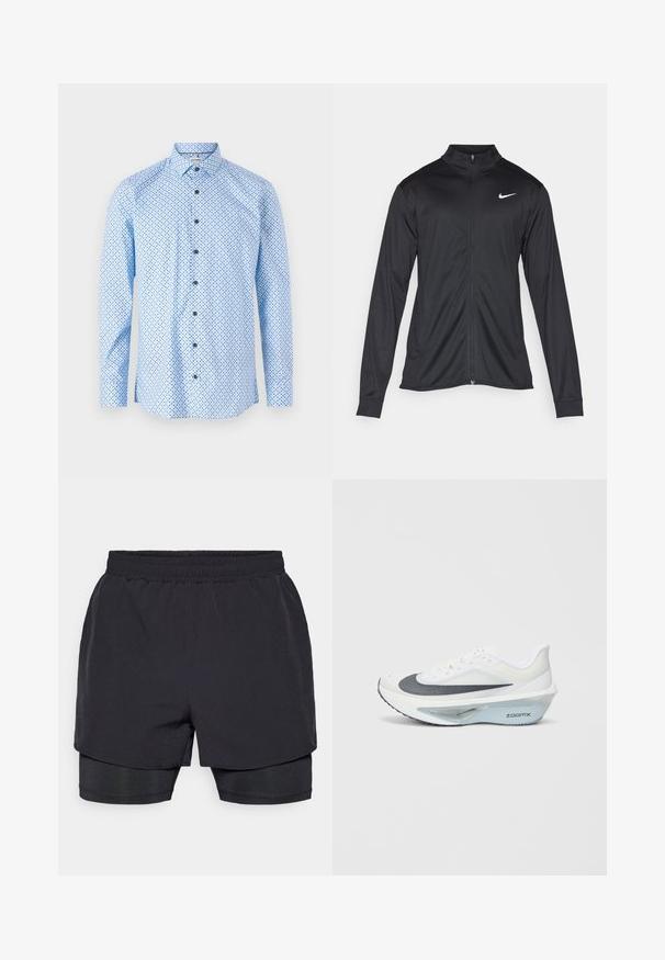 Juodas sportinis švarkas su ilgomis rankovėmis, apykakle ir pilnu užtrauktuku. Yra subtilus baltas Nike logotipas kairėje krūtinės pusėje. Lygus tekstūra.; Šviesiai mėlynas marškinis su ilgomis rankovėmis, klasikine apykakle ir mažų tamsiai mėlynų taškų raštu. Yra juodi mygtukai.; Juodi sportiniai šortai su elastingu juosmeniu, sluoksniuota konstrukcija ir prigludusia vidine pamušalu. Lygus paviršius, sukurtas patogumui.; Balti sportiniai bateliai su pilku tinkleliu, mėlynas ZoomX putų vidurinės dalies padas ir išgaubtas padas, užtikrinantis didesnį varomumą ir komfortą.