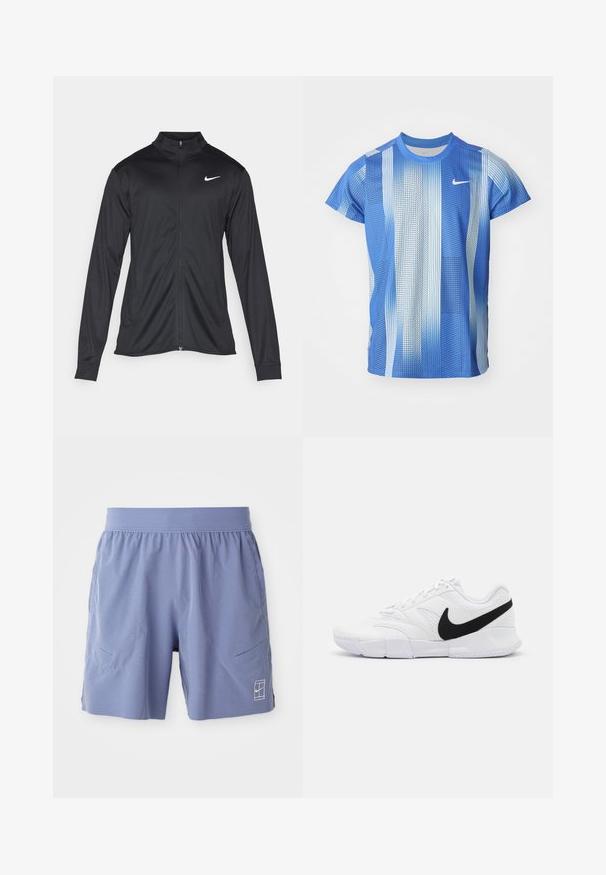 Jacket desportivo preto com mangas longas, colarinho e fecho zip completo. Apresenta um discreto logotipo da Nike em branco na parte superior do lado esquerdo do peito. Textura suave.; T-shirt de manga curta da Nike em tons de azul degradê, com um padrão de grelha e design de gola circular. Feito de tecido leve e respirável.; Calções de desporto azul claro com um cós elástico, dois bolsos laterais e um pequeno logótipo branco na parte inferior frontal direita. Textura suave.; Sapatilhas brancas com um upper texturizado, logo Nike em preto, colarinho almofadado e uma sola de borracha sólida com um padrão de textura.