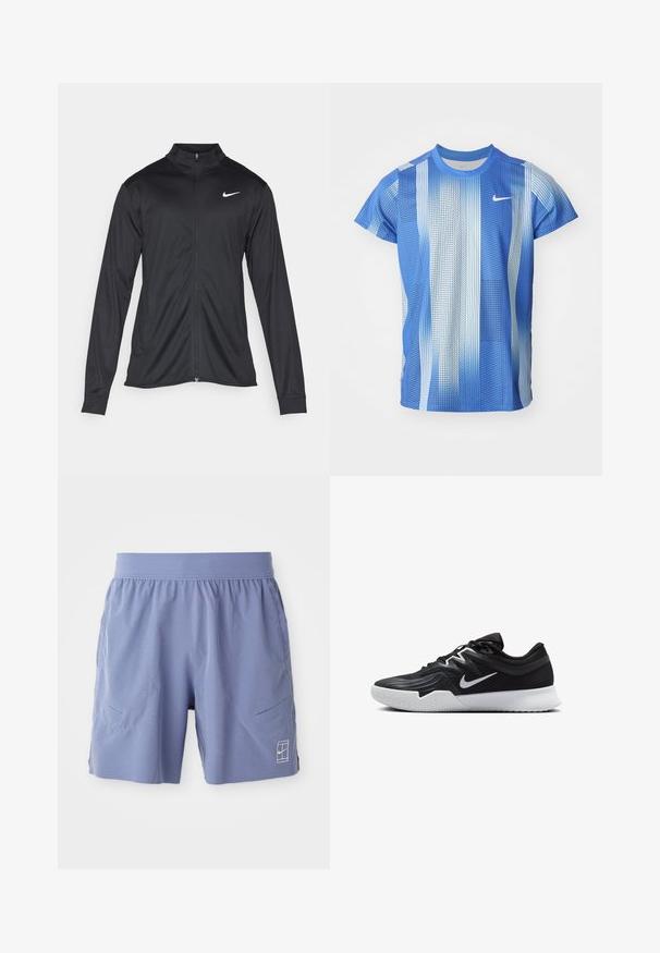 Melna sporta jaka ar garām piedurknēm, apkakli un pilnu rāvējslēdzēju. Uz kreisā krūts augšdaļas ir maigs Nike logo baltā krāsā. Gluda tekstūra.; Nike īsām piedurknēm T-krekls gradienta zilā krāsā, ar režģa rakstu un apaļu kakla dizainu. Izgatavots no viegla, elpojoša auduma.; Gaiši zili sporta šorti ar elastīgu jostasvietu, diviem sānu kabatām un mazu baltu logotipu apakšējā labajā pusē. Gluda tekstūra.; Melni sporta apavi ar teksturētu virsu, balto Nike zulumu un balto gumijas zoli. Iezīmējas ar auklu pievilkšanas dizainu un dinamisku formu.