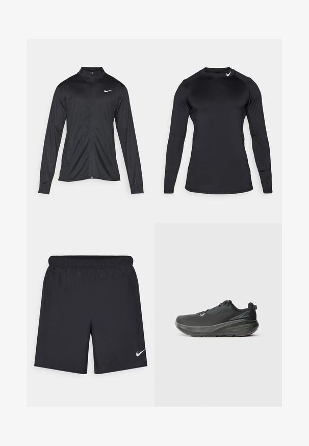 Schwarze Sportjacke mit langen Ärmeln, Kragen und voller Reißverschluss. Verfügt über ein dezentes Nike-Logo in Weiß auf der oberen linken Brust. Glatte Textur.; Schwarzes, langärmeliges Sporthemd aus glattem, dehnbarem Material mit Rundhalsausschnitt und dezentem Logo oben links.; Schwarze sportliche Shorts aus leichtem Material mit einem elastischen Bund. Auf der unteren linken Seite befindet sich ein kleines weißes Nike-Logo.; Schwarzer Sportschuh mit atmungsaktivem Mesh-Obermaterial, strukturiertem Sohlenprofil und unterstützendem Zwischensohlen-Design. Reflektierende Akzente sind vorhanden.