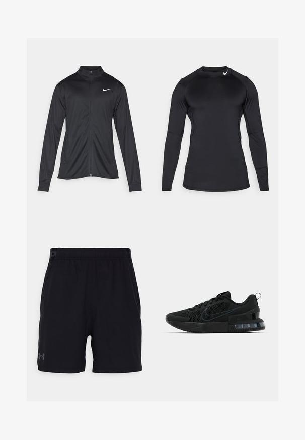 Jacket desportivo preto com mangas longas, colarinho e fecho zip completo. Apresenta um discreto logotipo da Nike em branco na parte superior do lado esquerdo do peito. Textura suave.; Camisola atlética de manga longa preta, feita de tecido liso e elástico, com decote redondo e um logótipo discreto no canto superior esquerdo.; Calções atléticos pretos com um cós elástico, apresentando um logótipo subtil em cinza na perna esquerda. Tecido suave, design até aos joelhos.; Tênis esportivo Nike preto com parte superior em malha, sola de borracha, colarinho acolchoado e um distinto detalhe transparente no calcanhar.