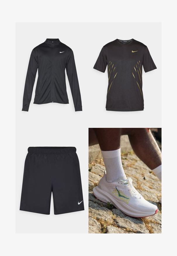 Giacca sportiva nera con maniche lunghe, colletto e zip completa. Presenta un logo Nike in bianco sulla parte superiore del lato sinistro del petto. Tessuto morbido.; T-shirt atletico nero a maniche corte, emblema Nike in oro, con un design a strisce dorate sulla parte anteriore. Tessuto morbido e leggero.; Shorts sportivi neri realizzati in materiale leggero con vita elastica. Presentano un piccolo logo Nike bianco sul lato sinistro in basso.; HOKA MACH 6 - Scarpe da corsa su strada - white/nimbus cloud