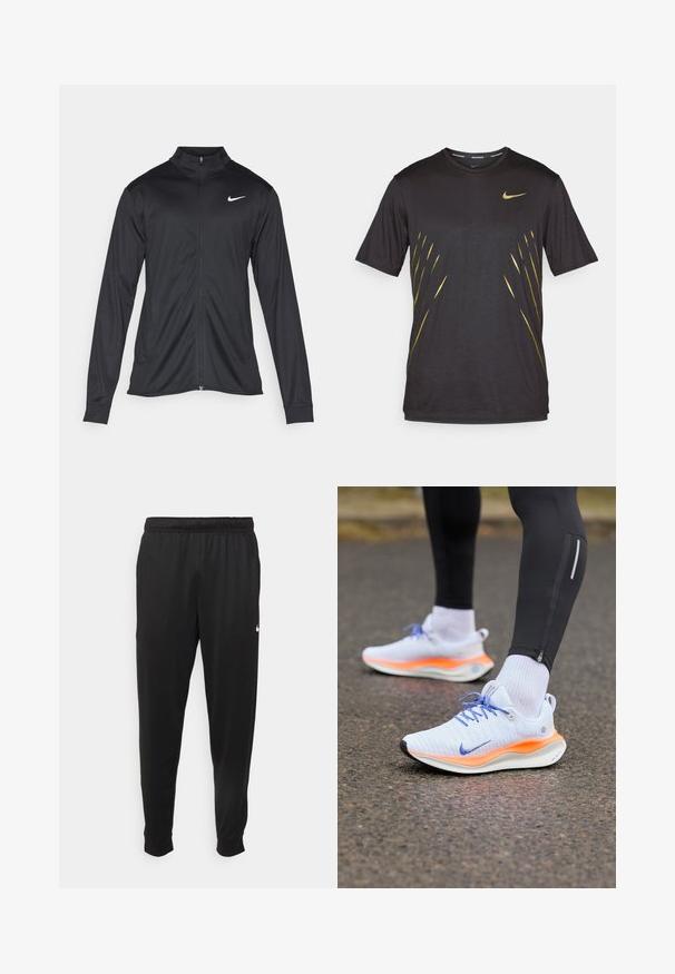 Veste de sport noire à manches longues, avec col et fermeture éclair intégrale. Présente un logo Nike subtil en blanc sur le côté supérieur gauche de la poitrine. Texture lisse.; T-shirt de sport noir à manches courtes, avec emblème Nike en or, présentant un motif de rayures dorées sur le devant. Tissu doux et léger.; Pantalon de sport noir en tissu lisse, avec une taille élastique, des jambes fuselées et un petit logo blanc sur le côté gauche.; Baskets de course blanches et oranges avec des lacets bleus, portées avec des chaussettes blanches et un legging noir sur une surface en asphalte.