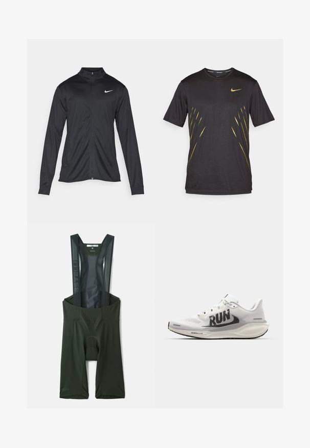 Fekete sportdzseki hosszú ujjal, gallérral és teljes cipzárral. Diszkrét fehér Nike logóval az upper bal mellen. Sima textúra.; Fekete sportpóló rövid ujjakkal, arany Nike emblémával, az elején arany csíkozással. Puha, könnyű anyag.; Sötétzöld kerékpáros bib nadrág hálós pántokkal, párnázott ülésrésszel és fényvisszaverő részletekkel. Simább, rugalmas anyag a kényelemért.; Fehér futócipő hálós felsőrésszel, nagy fekete "RUN" grafikával, világosszürke részletekkel, és párnázott talppal, amelyen az "AIR 200M" márkajelzés látható.