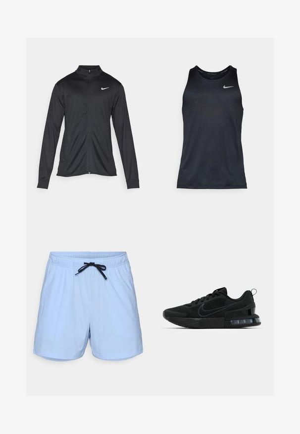 Černá sportovní bunda s dlouhými rukávy, límcem a plným zipem. Má decentní bílou logo značky Nike na horní levé části hrudi. Hladká textura.; Černý tank top Nike vyrobený z lehkého a hladkého materiálu. Kulatý výstřih a bezrukávový design s jemným texturovaným vzorem a logem.; Světle modré plavecké šortky vyrobené z lehkého materiálu, s elastickým pasem a černým šňůrkovým stahováním a bočními kapsami.; Černá atletická bota Nike s vrchní částí z technické síťoviny, gumovou podrážkou, polstrovaným límcem a výrazným průhledným akcentem na patě.