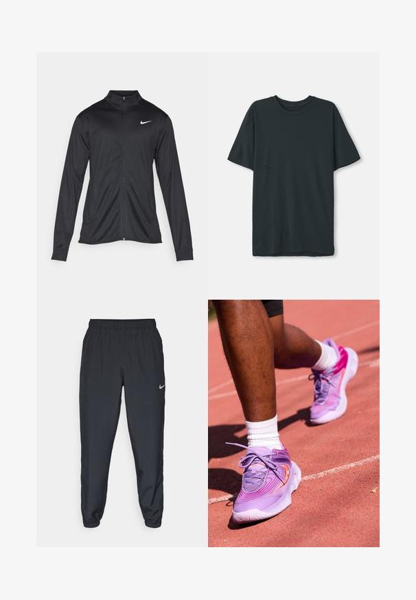 Black athletic jacket with long sleeves, collar, and full zipper. Features a subtle Nike logo in white on the upper left chest. Smooth texture.; Dark gray short-sleeve t-shirt made of soft fabric with a round neckline, featuring subtle horizontal cut-out details near the sides.; Black track pants made from lightweight fabric with an elastic waistband, ankle cuffs, and a discreet Nike logo on the left side.; Nike Performance GIANNIS IMMORTALITY 4 - Basketball shoes - black raspberry/aster pink/hot punch