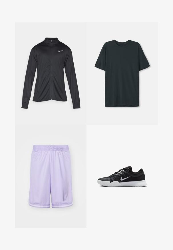 Čierna športová bunda s dlhými rukávmi, golierom a plným zipsom. Obsahuje nenápadné logo Nike v bielej farbe na hornej ľavej hrudi. Hladká textúra.; Tmavo šedé tričko s krátkym rukávom vyrobené z mäkkého materiálu s okrúhlym výstrihom, s jemnými horizontálnymi výrezmi pri stranách.; Svetlofialové športové šortky vyrobené z priedušného sieťového materiálu, s elastickým pásom a kontrastnými bielymi pruhmi na leme.; Čierna športová topánka s textúrovaným zvrškom, bielym logom Nike a bielou gumovou podrážkou. Má šnurovací dizajn a dynamický tvar.
