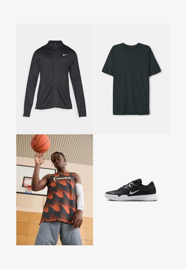 Črna atletska jakna z dolgimi rokavi, ovratnikom in polnim zadrgo. Vključuje diskreten bel Nike logotip na zgornjem levem delu prsnega koša. Gladka tekstura.; Temno siva kratka majica s kratkimi rokavi, izdelana iz mehkega materiala, z okroglim ovratnikom, ki ima subtilne horizontalne izreze ob straneh.; Tank top WNBA v oranžni in črni barvi, ki vsebuje valovit vzorec. Ujemite ga z sivimi kratkimi hlačami in belim rokavom, drži košarko nad glavo.; Črne atletske čevlje z teksturirano zgornjico, belim Nike znakom in belim gumijastim zunanjim podplatom. Imajo vezalni dizajn in dinamično obliko.