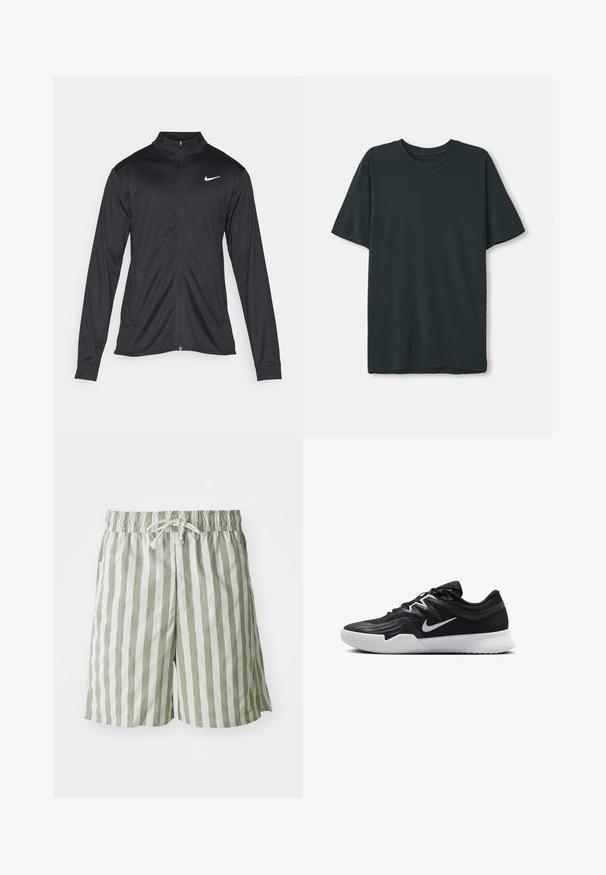 Fekete sportdzseki hosszú ujjal, gallérral és teljes cipzárral. Diszkrét fehér Nike logóval az upper bal mellen. Sima textúra.; Sötét szürke, rövid ujjú póló, puha anyagból készült, kerek nyakkivágással, amely finoman vágott vízszintes részleteket tartalmaz az oldalain.; Zöld és fehér csíkos fürdőnadrág könnyű anyagból, rugalmas derékkal és zsinórral, valamint oldalsó zsebekkel.; Fekete sportcipő texturált felsőrésszel, fehér Nike logóval és fehér gumitalppal. Fűzős kialakítással és dinamikus formával rendelkezik.