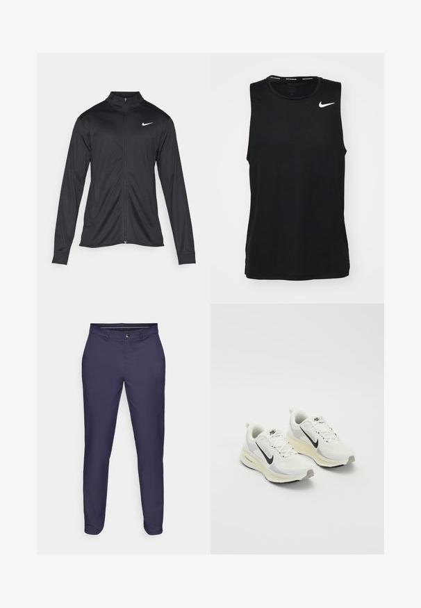 Čierna športová bunda s dlhými rukávmi, golierom a plným zipsom. Obsahuje nenápadné logo Nike v bielej farbe na hornej ľavej hrudi. Hladká textúra.; Čierny bezrukávový športový top vyrobený z hladkej látky. Na hornej ľavej strane sa nachádza biele logo Nike. Okruhly výstrih bez štítkov.; Námornícke modré slim-fit nohavice s gombíkom a zipsom, pútka na opasok a zoštíhlené nohavice na bielom pozadí.; Bežecké topánky vyrobené z bielej priedušnej sieťoviny s svetlo šedými akcentmi. Majú čierne logo Swoosh a svetlo šedú gumovú podrážku.