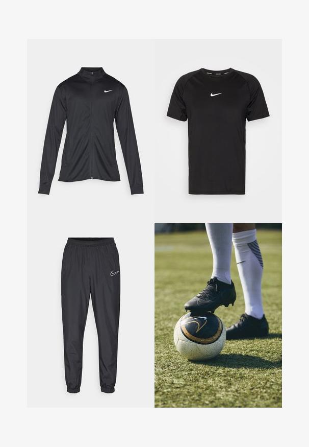 Černá sportovní bunda s dlouhými rukávy, límcem a plným zipem. Má decentní bílou logo značky Nike na horní levé části hrudi. Hladká textura.; Černé tričko s krátkým rukávem Nike Pro vyrobené z hladké, lehké tkaniny. Obsahuje malé bílé logo Nike na hrudi a design raglánového rukávu.; Černé sportovní kalhoty Nike s elastickým pasem, zúženými nohavicemi a bílým logem poblíž levého boku. Vyrobené z lehkého, hladkého materiálu.; Černé fotbalové kopačky na bílo-černě vzorovaném fotbalovém míči, ležící na zelené trávě. Kopačka má texturovaný materiál a šněrování.