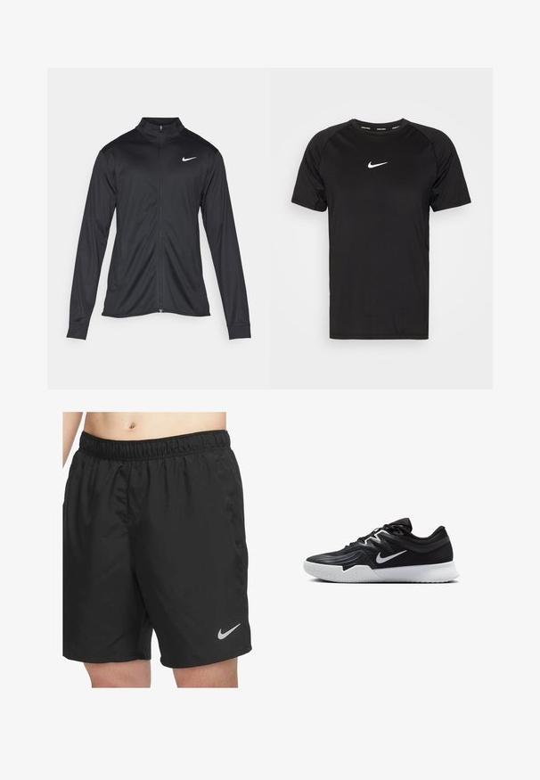 Svart idrottsjacka med långa ärmar, krage och full dragkedja. Har en diskret Nike-logga i vitt på övre vänstra bröstet. Slät yta.; Svart kortärmad Nike Pro t-shirt tillverkad av mjukt, lätt material. Har en liten vit Nike-logotyp på bröstet och design med raglans ärmar.; Svarta träningsshorts i lätt material, med resårmidja och en liten grå Nike-logga nere till höger.; Svarta träningsskor med en texturerad ovandel, vit Nike-logga och en vit gummisula. Har snörningsdesign och en dynamisk form.
