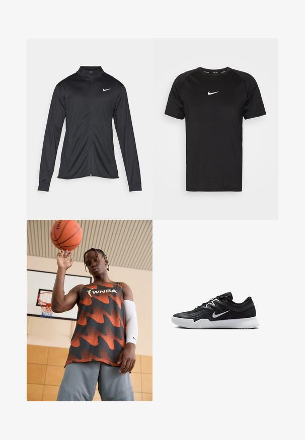 Fekete sportdzseki hosszú ujjal, gallérral és teljes cipzárral. Diszkrét fehér Nike logóval az upper bal mellen. Sima textúra.; Fekete, rövid ujjú Nike Pro póló sima, könnyű anyagból. Kicsi, fehér Nike logó található a mellkason, és raglán ujjú kialakítással rendelkezik.; WNBA tank top narancs és fekete színben, hullám mintázattal. Szürke rövidnadrággal és fehér karvédővel párosítva, a kezében egy kosárlabdát tartva.; Fekete sportcipő texturált felsőrésszel, fehér Nike logóval és fehér gumitalppal. Fűzős kialakítással és dinamikus formával rendelkezik.