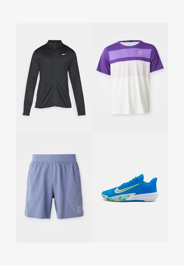 Must värvi sportlik jakk pikkade varrukatega, krae ja täispikk tõmblukk. Ülemises vasakus rinnas on diskreetne valge Nike logo. Sile tekstuur.; Lühikeste varrukatega Nike sporditees, millel on horisontaalsed värviblokeeringud lilla, lavendli, heleda roosa ja valge värviga ning NikeCourt logo rinnal.; Heledadsinise värvi spordilühikesed püksid, millel on elastne vöökoht, kaks külgtaskut ja väike valge logo alumisel paremal ees. Siledat tekstuuri.; Sinine spordijalanõud tekstuurse pealispinnaga, erekollased aktsendid ja mustriline tall, kus on siniseid ja rohelisi toone. Sile ja voolujooneline disain.