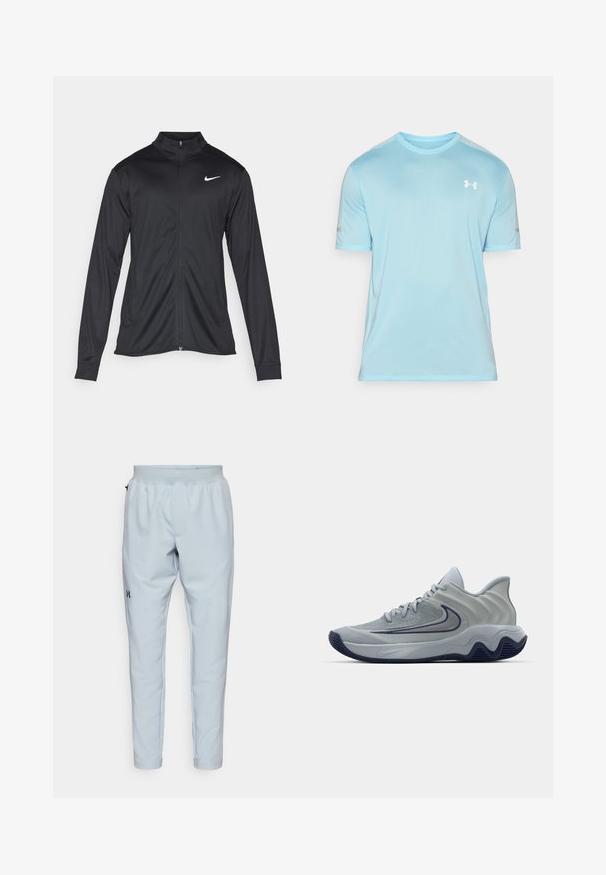 Črna atletska jakna z dolgimi rokavi, ovratnikom in polnim zadrgo. Vključuje diskreten bel Nike logotip na zgornjem levem delu prsnega koša. Gladka tekstura.; Svijetloplavi atletski majica izrađena od sintetičkih tkanina, s kratkim rukavima, okruglim izrezom i bijelim logotipom na prsima.; Svetlo modri športni hlače z elastičnim pasom, zoženimi nogami, stranskimi žepi in črnim logotipom na levem stegnu. Gladka tekstura tkanine.; Sivi športni čevlj z teksturiranim zgornjim delom, geometrijskimi poudarki, oblazinjenim ovratnikom in gumijastim podplatom s valovitim vzorcem. Vidna Nikejev logotip.