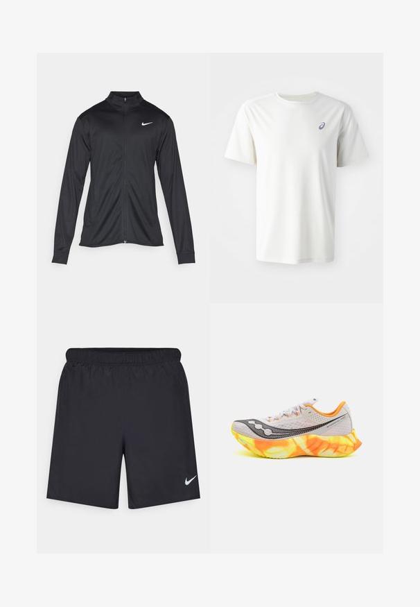 Fekete sportdzseki hosszú ujjal, gallérral és teljes cipzárral. Diszkrét fehér Nike logóval az upper bal mellen. Sima textúra.; Fehér, rövid ujjú sportpóló, könnyű anyagból készült. Bal mellkason egy kis szürke logó található, kerek nyakkivágással.; Fekete sportnadrág könnyű anyagból, rugalmas derékkal. A bal alsó oldalon egy kis fehér Nike-logó található.; Futócipő szürke hálós felsőrésszel, fekete részletekkel és élénk narancssárga-sárga talppal. Tömörített, texturált talp jellemzi, ami tapadást biztosít.
