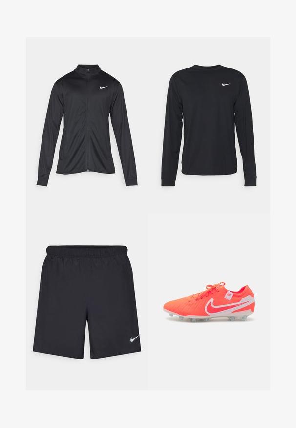 Must värvi sportlik jakk pikkade varrukatega, krae ja täispikk tõmblukk. Ülemises vasakus rinnas on diskreetne valge Nike logo. Sile tekstuur.; Must have pikkade varrukatega must särk, mis on valmistatud siledast kangast, ümara kaeluse ja väikese valge Nike logo detailiga vasakul rinnal.; Mustad mustikud lühikesed püksid, mis on valmistatud kergest materjalist ja millel on elastne vöökoht. Alumisel vasakul küljel on väike valge Nike logo.; Erkkk kollane Nike jalgpallijalats, millel on tekstuuriga ülemine osa, valged aktsendid ja paelad. Omab valatud ninasid, mis pakuvad haardumist rohupindadel.