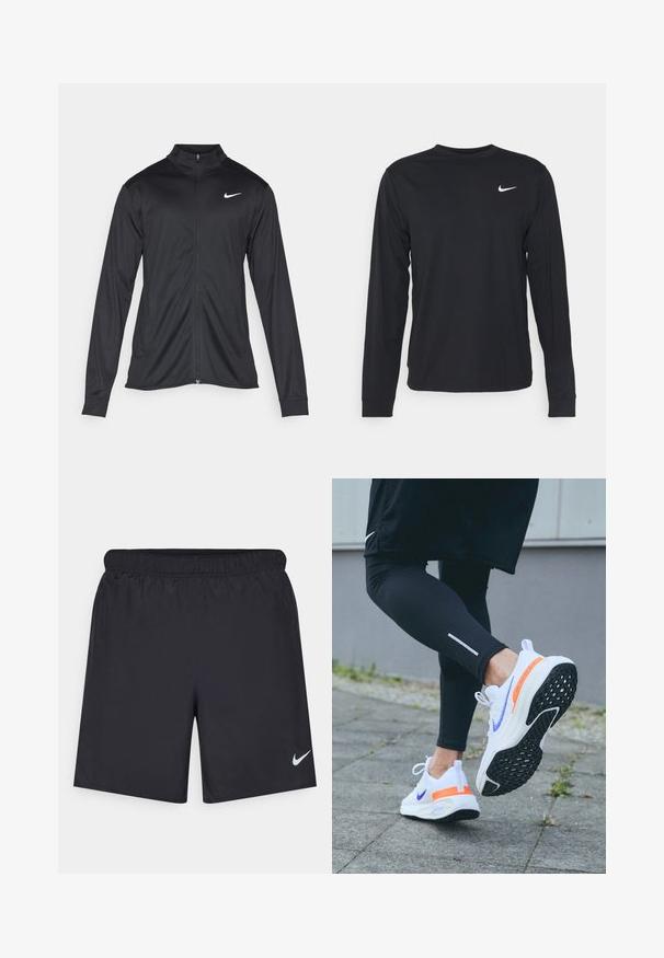 Schwarze Sportjacke mit langen Ärmeln, Kragen und voller Reißverschluss. Verfügt über ein dezentes Nike-Logo in Weiß auf der oberen linken Brust. Glatte Textur.; Schwarzes Langarmshirt aus glattem Stoff mit Rundhalsausschnitt und kleinem weißen Nike-Logo auf der oberen linken Brust.; Schwarze sportliche Shorts aus leichtem Material mit einem elastischen Bund. Auf der unteren linken Seite befindet sich ein kleines weißes Nike-Logo.; Nike-Laufschuhe mit einem weißen Mesh-Obermaterial und lila Akzenten, schwarzer strukturierter Sohle und lebhaftem orangefarbenen Fersenstütze.