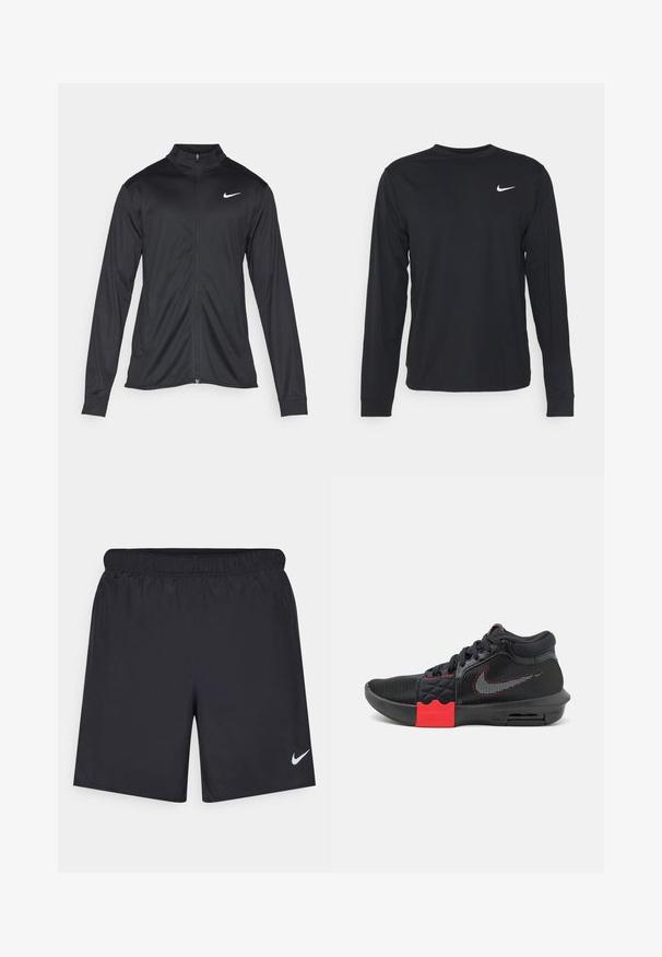 Jacket desportivo preto com mangas longas, colarinho e fecho zip completo. Apresenta um discreto logotipo da Nike em branco na parte superior do lado esquerdo do peito. Textura suave.; Camisola preta de manga longa, feita de um tecido suave, com decote redondo e um pequeno logótipo branco da Nike no canto superior esquerdo do peito.; Calças de desporto pretas feitas de material leve com uma cintura elástica. Apresenta um pequeno logótipo branco da Nike no canto inferior esquerdo.; Sapatos de desporto pretos com superior em malha, detalhes em vermelho na entressola e uma unidade de ar visível. Possui painéis laterais texturizados e atacadores.