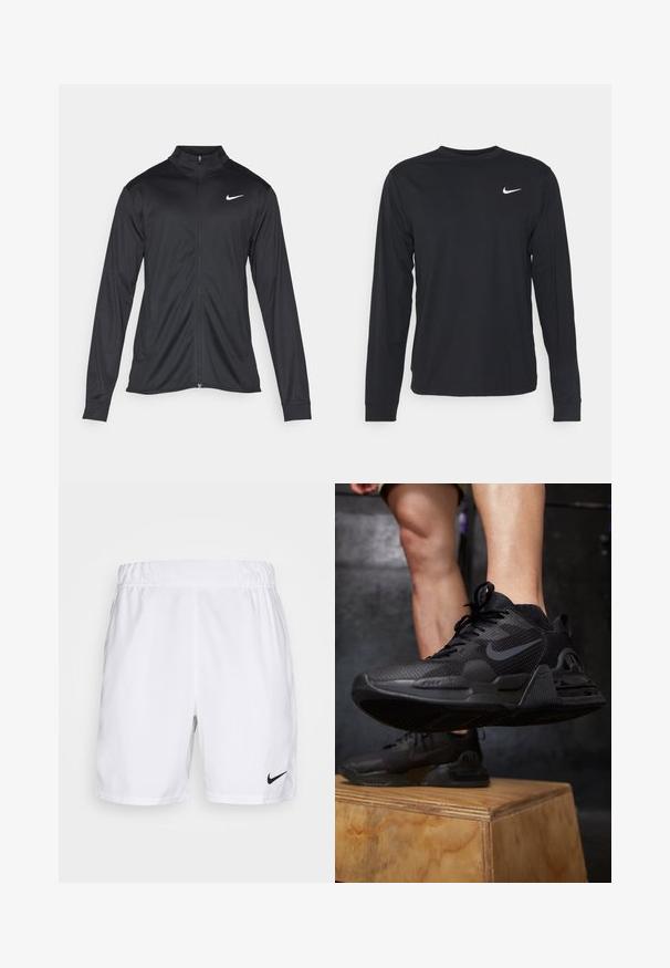 Giacca sportiva nera con maniche lunghe, colletto e zip completa. Presenta un logo Nike in bianco sulla parte superiore del lato sinistro del petto. Tessuto morbido.; Maglietta nera a maniche lunghe realizzata in tessuto liscio, con scollatura a girocollo e un piccolo logo bianco Nike sul lato sinistro del petto.; Nike Performance M NKCT DF VICTORY 7IN - Pantaloncini sportivi - white/black; Scarpe da ginnastica nere presentano una tomaia in rete testurizzata, una suola resistente, un logo prominente e lacci, posizionate su una piattaforma in legno.