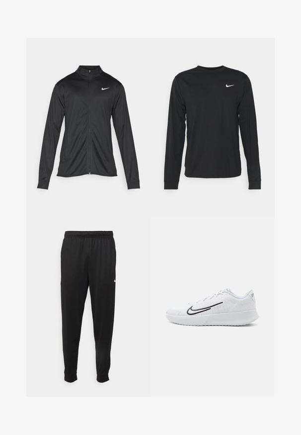 Black athletic jacket with long sleeves, collar, and full zipper. Features a subtle Nike logo in white on the upper left chest. Smooth texture.; Black long-sleeve shirt made of smooth fabric, featuring a crew neckline and a small white Nike logo on the upper left chest.; Black athletic pants made of smooth fabric, featuring an elastic waistband, tapered legs, and a small white logo on the left side.; White athletic shoes with a mesh upper and textured detailing, featuring a black swoosh logo on the side and a cushioned white sole.