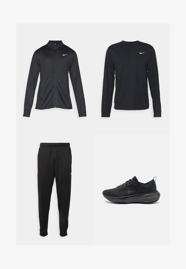 Black athletic jacket with long sleeves, collar, and full zipper. Features a subtle Nike logo in white on the upper left chest. Smooth texture.; Black long-sleeve shirt made of smooth fabric, featuring a crew neckline and a small white Nike logo on the upper left chest.; Black athletic pants made of smooth fabric, featuring an elastic waistband, tapered legs, and a small white logo on the left side.; Black running shoe with a textured knit upper, flat laces, and a thick cushioned sole. Features a loop at the heel for easy wear.