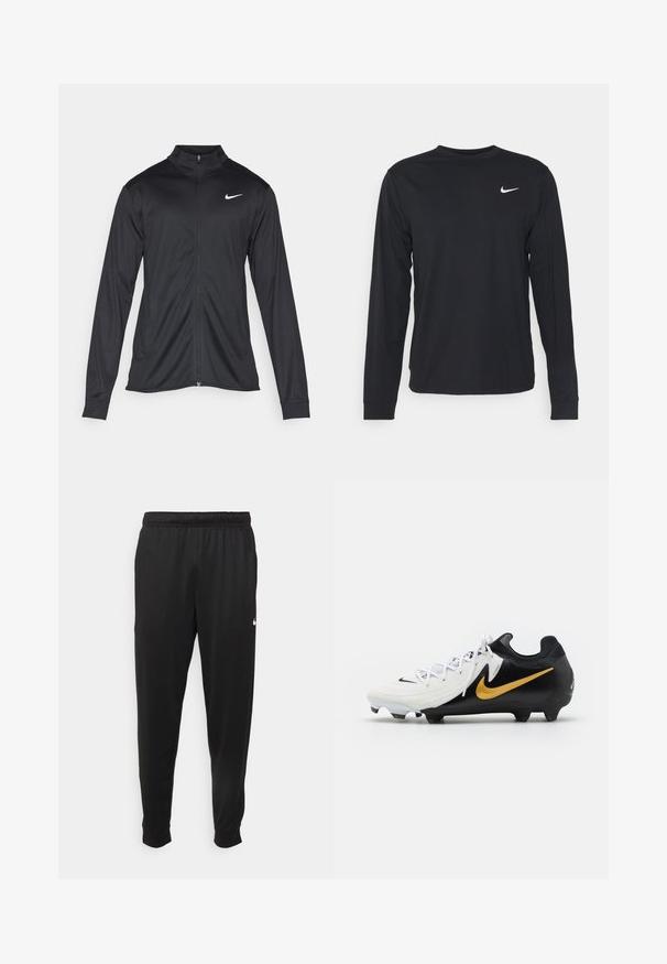 Black athletic jacket with long sleeves, collar, and full zipper. Features a subtle Nike logo in white on the upper left chest. Smooth texture.; Black long-sleeve shirt made of smooth fabric, featuring a crew neckline and a small white Nike logo on the upper left chest.; Black athletic pants made of smooth fabric, featuring an elastic waistband, tapered legs, and a small white logo on the left side.; Nike football cleat featuring a white upper with textured stripes, black heel and sole, and a gold swoosh logo on the side.