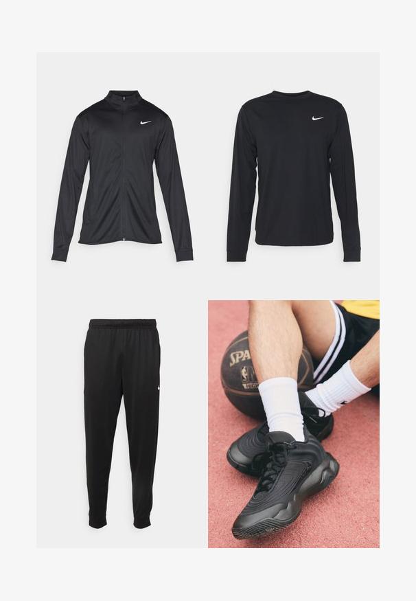 Sort atletisk jakke med lange ærmer, krave og fuld lynlås. Har et diskret Nike-logo i hvidt på den øverste venstre side af brystet. Glat tekstur.; Sort langærmet skjorte lavet af glat stof, med rund halsudskæring og et lille hvidt Nike-logo på den øverste venstre bryst.; Sorte atletiske bukser lavet af glat stof, med elastisk talje, smalnende ben og et lille hvidt logo på venstre side.; Sorte sportsko med tekstureret overdel og buet design. Siddende på en basketball, parret med hvide ribbede sokker mod en lyserød overflade.