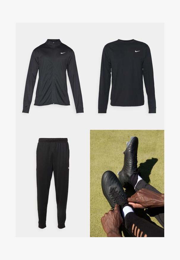Juodas sportinis švarkas su ilgomis rankovėmis, apykakle ir pilnu užtrauktuku. Yra subtilus baltas Nike logotipas kairėje krūtinės pusėje. Lygus tekstūra.; Juodas ilgomis rankovėmis marškinėliai, pagaminti iš glotnaus audinio, su apvaliomis iškirptėmis ir mažu baltu Nike logotipu kairėje krūtinės pusėje.; Juodi sportiniai kelnės, pagamintos iš lygaus audinio, turinčios elastinę juosmenį, siaurėjantys sijonai ir mažas baltas logotipas kairėje pusėje.; Juodi futbolo batai su tekstūruotu viršumi ir juodomis raištelėmis, kuriuos traukia rankos. Fone žalia danga, dėvint juodą sportinę aprangą su baltais kojinėmis.