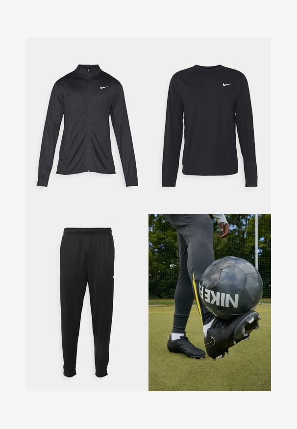 Black athletic jacket with long sleeves, collar, and full zipper. Features a subtle Nike logo in white on the upper left chest. Smooth texture.; Black long-sleeve shirt made of smooth fabric, featuring a crew neckline and a small white Nike logo on the upper left chest.; Black athletic pants made of smooth fabric, featuring an elastic waistband, tapered legs, and a small white logo on the left side.; Black Nike soccer cleat on grass, resting on a black soccer ball with white lettering. Gray athletic pants feature yellow side stripes.