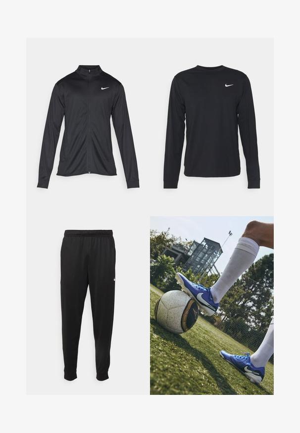 Fekete sportdzseki hosszú ujjal, gallérral és teljes cipzárral. Diszkrét fehér Nike logóval az upper bal mellen. Sima textúra.; Fekete, hosszú ujjú póló sima anyagból, kerek nyakkivágással és egy kis fehér Nike logóval a bal felső mellen.; Fekete sportos nadrág sima anyagból, rugalmas derékkal, szűkülő lábakkal és egy kis fehér logóval a bal oldalon.; Nike focicipő kék színben, texturált szintetikus felsőrész fehér részletekkel, egy mintás fekete-fehér focilabdán, zöld fűre helyezve.