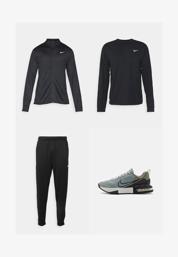 Svart idrettsjakke med lange ermer, krage og full glidelås. Har en subtil Nike-logo i hvitt på øvre venstre bryst. Glatt tekstur.; Svart langermet skjorte laget av glatt stoff, med rund hals og en liten hvit Nike-logo på øvre venstre bryst.; Svarte treningsbukser laget av glatt stoff, med elastisk midje, smale ben og en liten hvit logo på venstre side.; Mesh idrettssko i lys blå med svarte detaljer, teksturert overdel, rund tå, snøring og luftdemping i hælen. Gummisal.