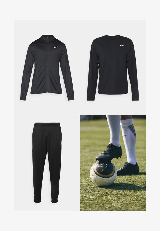 Melna sporta jaka ar garām piedurknēm, apkakli un pilnu rāvējslēdzēju. Uz kreisā krūts augšdaļas ir maigs Nike logo baltā krāsā. Gluda tekstūra.; Melna garo piedurkņu krekls, izgatavots no gludas auduma, ar apaļu kakla izgriezumu un mazu baltu Nike logotipu kreisajā augšējā krūtīs.; Melnas sporta bikses, kas izgatavotas no gludas auduma, ar elastīgu jostu, sašaurinošām kājām un mazu balto logo kreisajā pusē.; Melni futbola apavi uz baltiem un melniem rakstiem rotātas futbola bumbas, kas atpūšas uz zaļās zāles. Apaviem ir strukturēts materiāls un šņorēšana.
