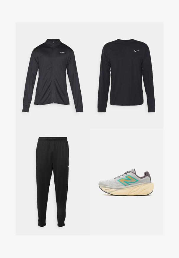 Čierna športová bunda s dlhými rukávmi, golierom a plným zipsom. Obsahuje nenápadné logo Nike v bielej farbe na hornej ľavej hrudi. Hladká textúra.; Čierna dlhá rukávová košeľa vyrobená z hladkej tkaniny, s kruhovým výstrihom a malým bielym logom Nike na ľavom hornom hrudi.; Čierne športové nohavice z hladkej tkaniny, s elastickým pásom, zužujúcimi sa nohavicami a malým bielym logom na ľavej strane.; New Balance FRESH FOAM X MORE V4 - Cestná bežecká obuv - grey