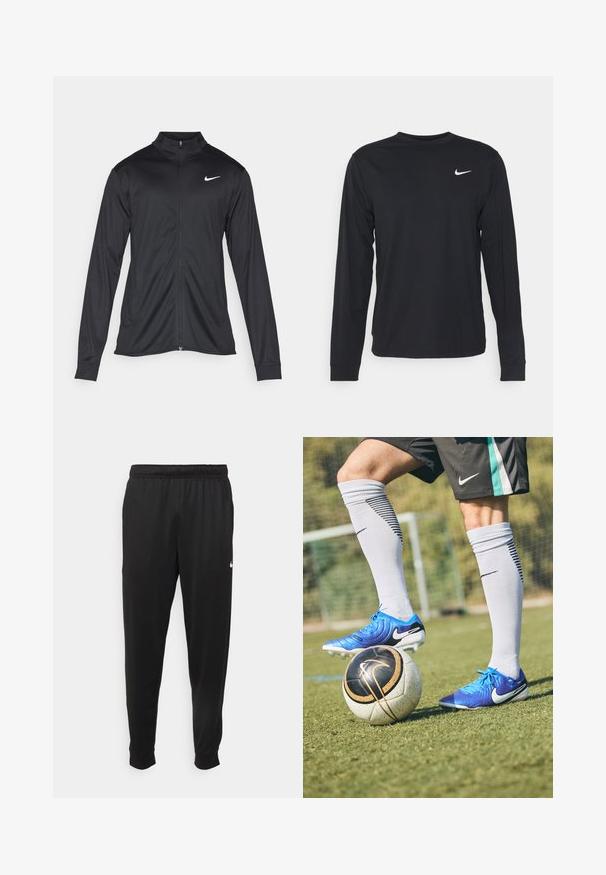 Sort atletisk jakke med lange ærmer, krave og fuld lynlås. Har et diskret Nike-logo i hvidt på den øverste venstre side af brystet. Glat tekstur.; Sort langærmet skjorte lavet af glat stof, med rund halsudskæring og et lille hvidt Nike-logo på den øverste venstre bryst.; Sorte atletiske bukser lavet af glat stof, med elastisk talje, smalnende ben og et lille hvidt logo på venstre side.; Blå Nike fodboldstøvler med tekstureret overdel, sorte accenter og hvide studs; en sort og hvid fodbold med guld detaljer nedenfor.