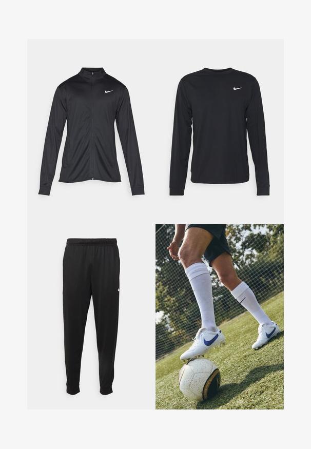 Chaqueta atlética negra con mangas largas, collar y cremallera completa. Presenta un sutil logo de Nike en blanco en la parte superior izquierda del pecho. Textura suave.; Camisa negra de manga larga hecha de un tejido suave, con un cuello redondo y un pequeño logo blanco de Nike en la parte superior izquierda del pecho.; Pantalones deportivos negros de tejido suave, con cintura elástica, perneras ajustadas y un pequeño logotipo blanco en el lado izquierdo.; Botas de fútbol blancas con detalles púrpuras sobre un campo verde, apoyadas en un balón de fútbol de patrón blanco y negro, acompañadas de calcetines blancos hasta la rodilla.